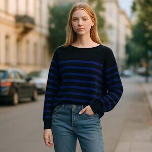 NWT ZARA  Black & Blue BASIC KNIT SWEATER Lightweight Striped Medium